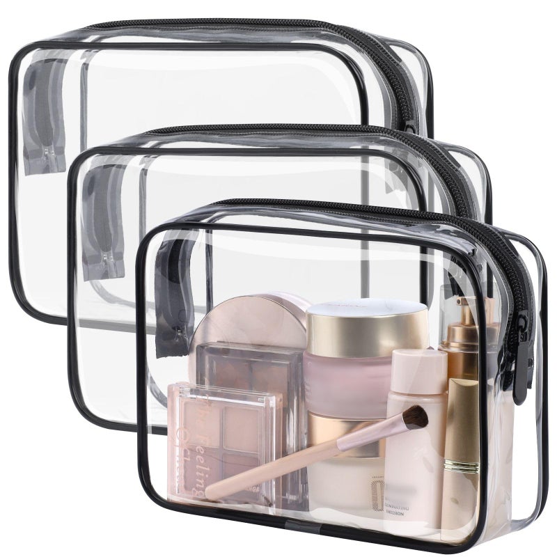 PACKISM TSA Approved Toiletry Bag - Clear Makeup Bag 3 Pack Medium, Quart Size Bag for 3-1-1 Liquids with Metal Smooth Zipper, Travel Makeup Bag for Women Men, Airport Airline Compliant Bag, Black - Image 1